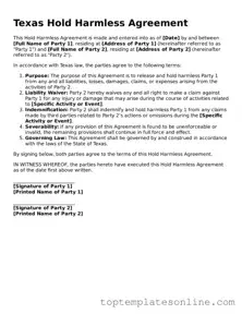 Blank Hold Harmless Agreement Template for Texas State