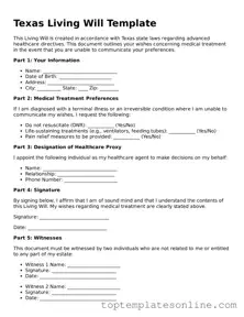 Blank Living Will Template for Texas State
