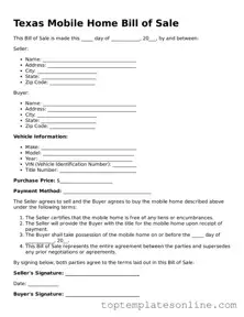 Blank Mobile Home Bill of Sale Template for Texas State
