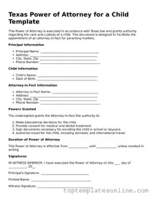 Blank Power of Attorney for a Child Template for Texas State
