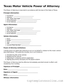 Blank Motor Vehicle Power of Attorney Template for Texas State