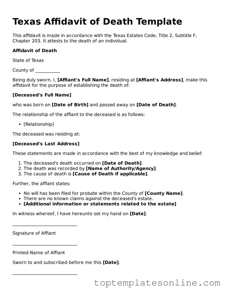 Blank Affidavit of Death Template for Texas State