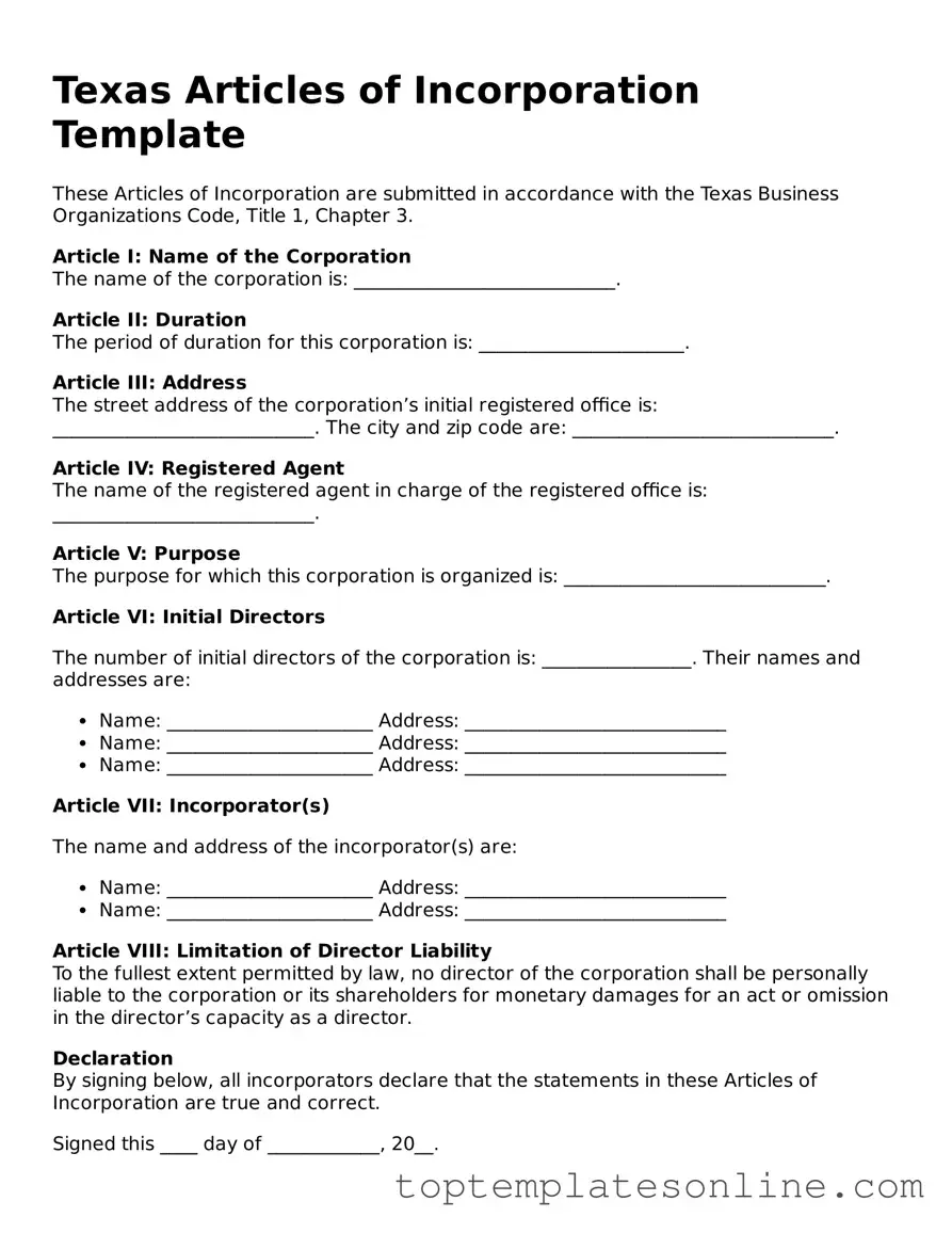 Blank Articles of Incorporation Template for Texas State