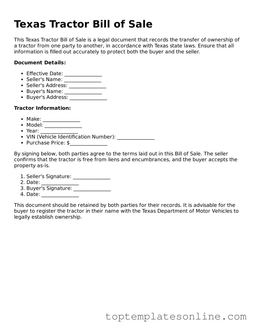 Blank Tractor Bill of Sale Template for Texas State