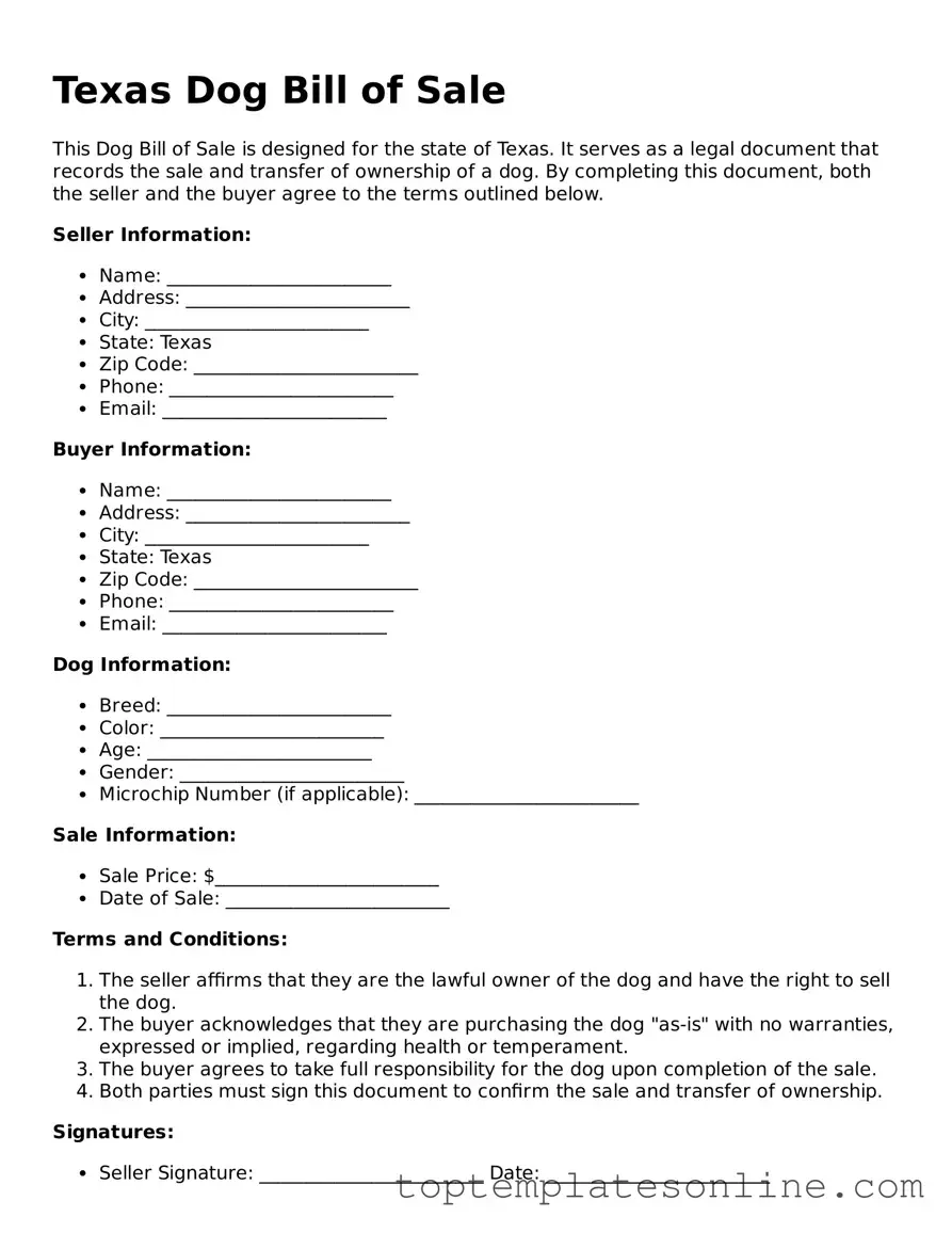Blank Dog Bill of Sale Template for Texas State