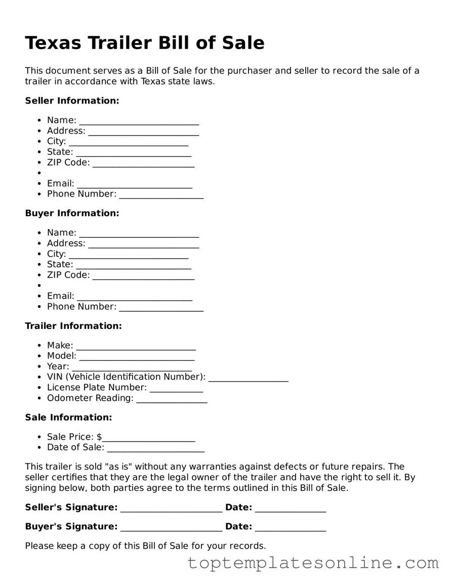 Blank Trailer Bill of Sale Template for Texas State