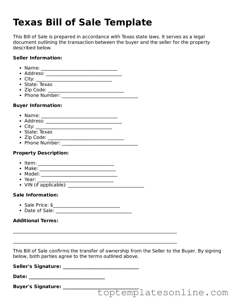 Blank Bill of Sale Template for Texas State