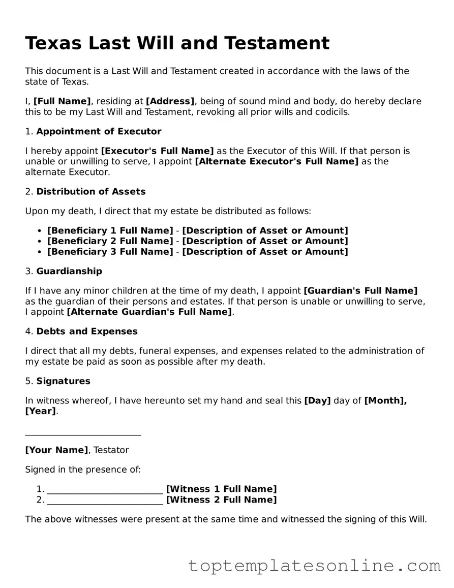 Blank Last Will and Testament Template for Texas State