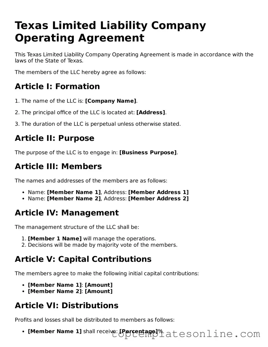 Blank Operating Agreement Template for Texas State