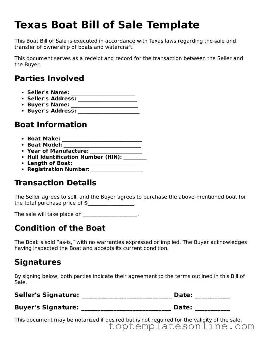 Blank Boat Bill of Sale Template for Texas State