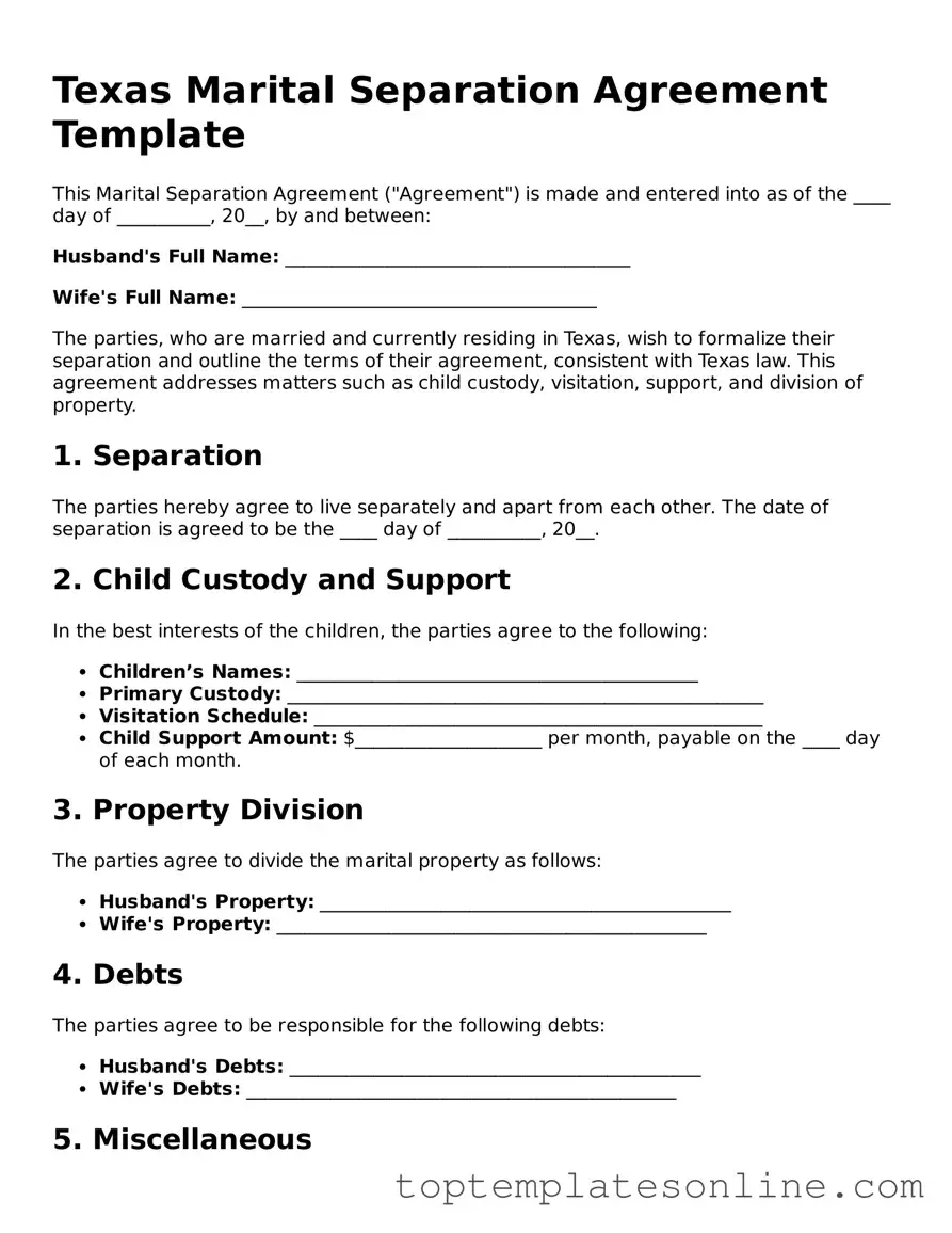 Blank Marital Separation Agreement Template for Texas State