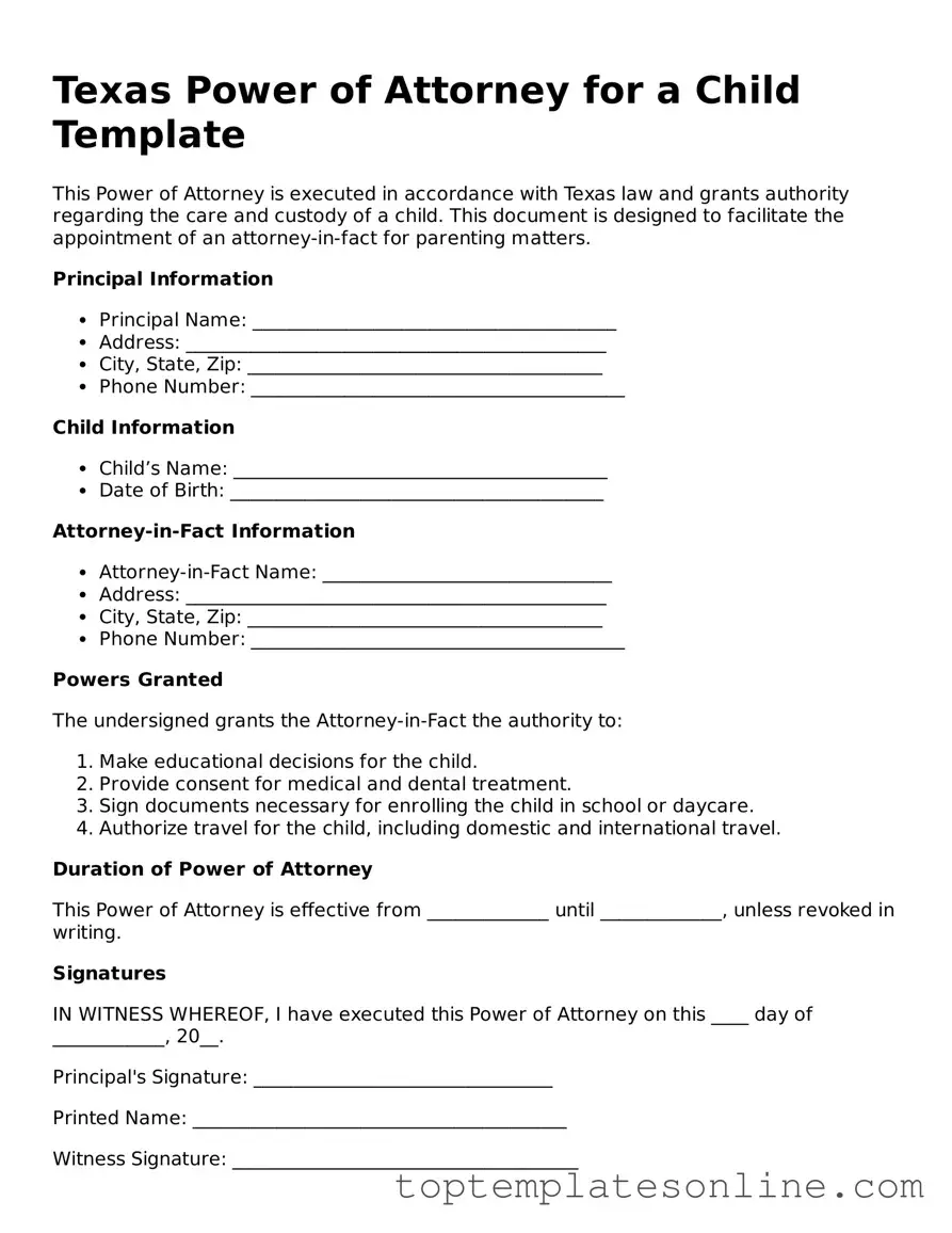 Blank Power of Attorney for a Child Template for Texas State
