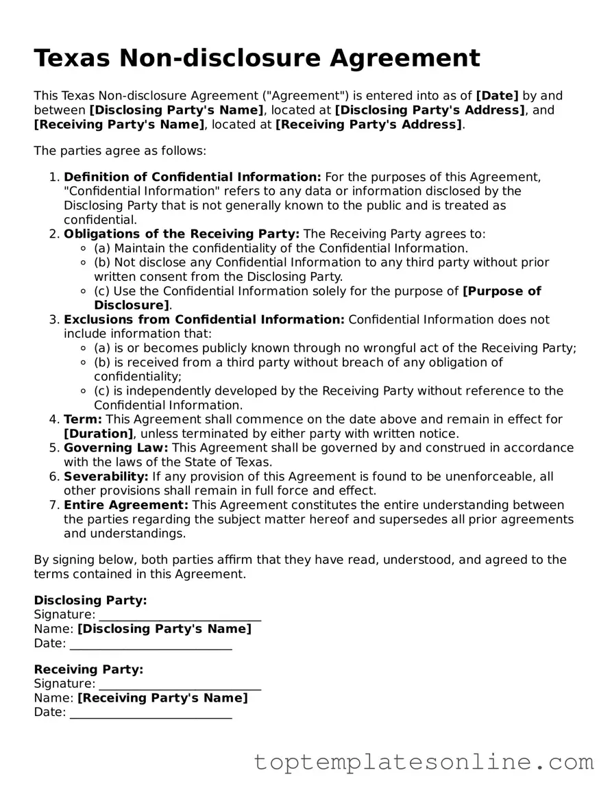 Blank Non-disclosure Agreement Template for Texas State