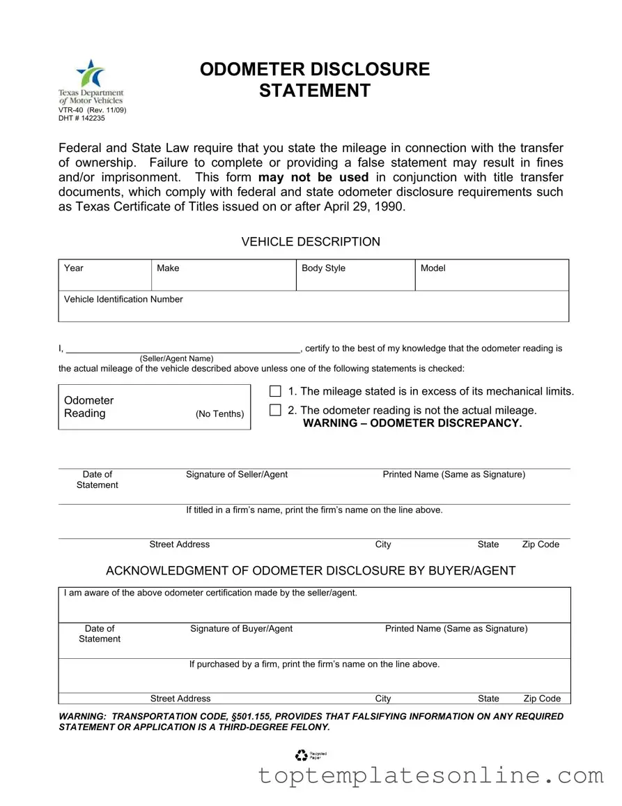 Fillable Texas Odometer Statement Form