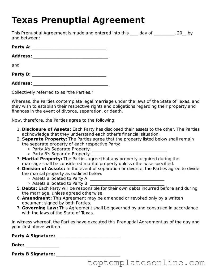 Blank Prenuptial Agreement Template for Texas State