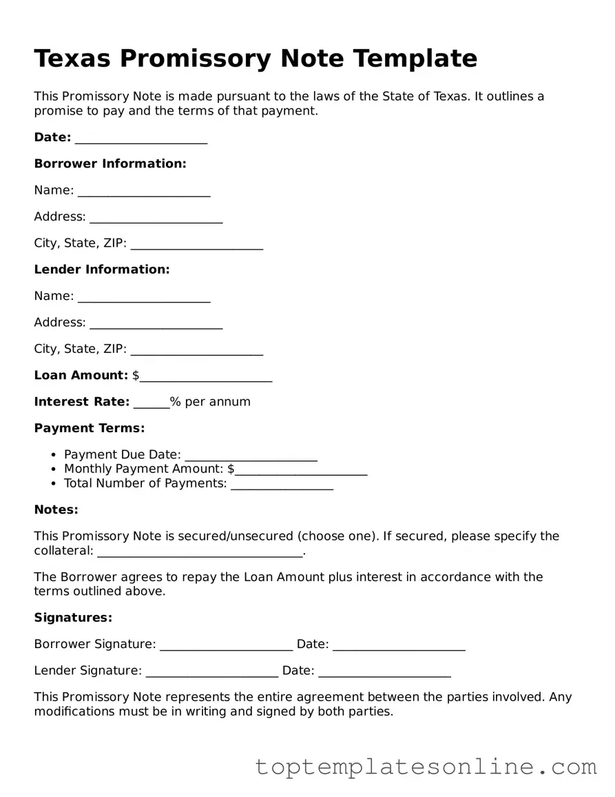 Blank Promissory Note Template for Texas State