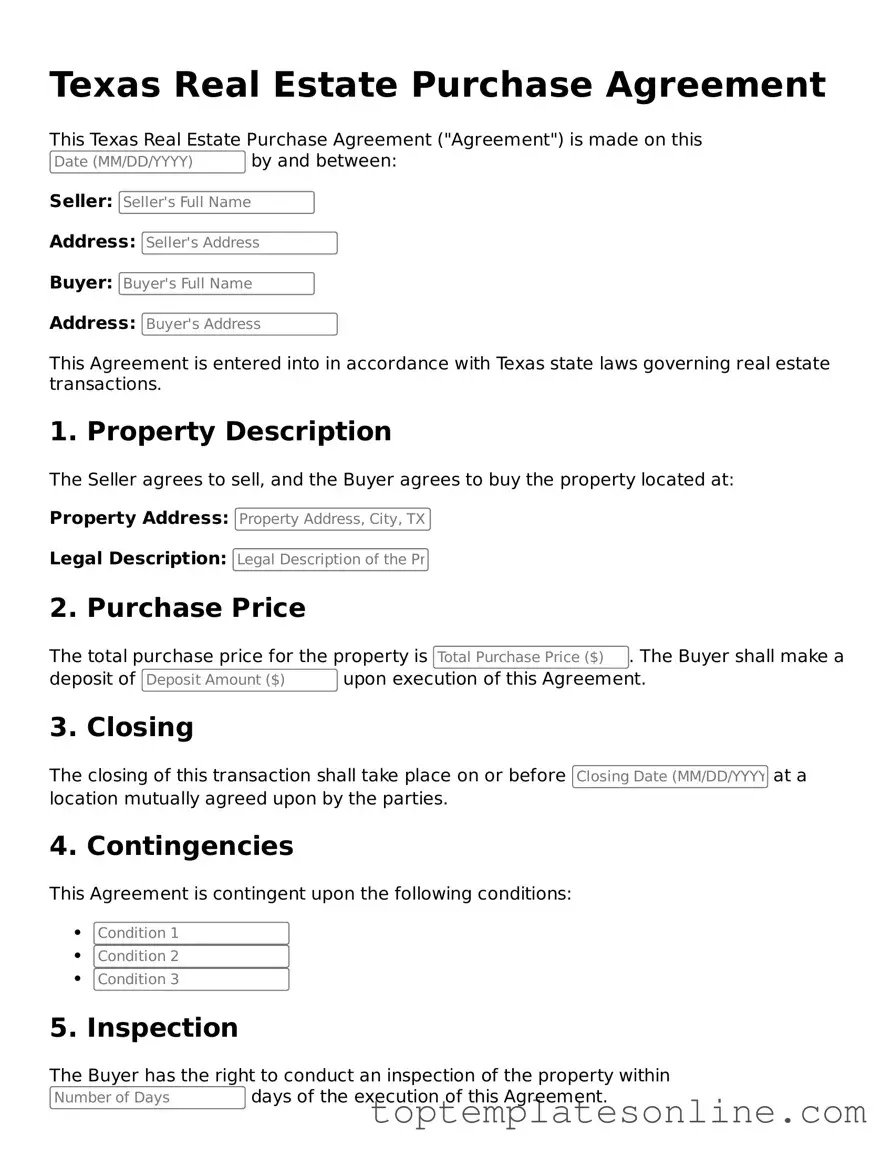 Blank Real Estate Purchase Agreement Template for Texas State