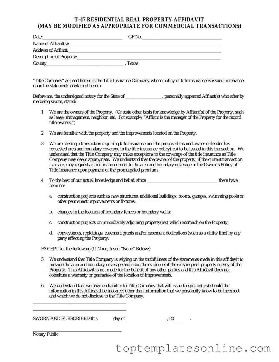 Fillable Texas residential property affidavit T-47 Form