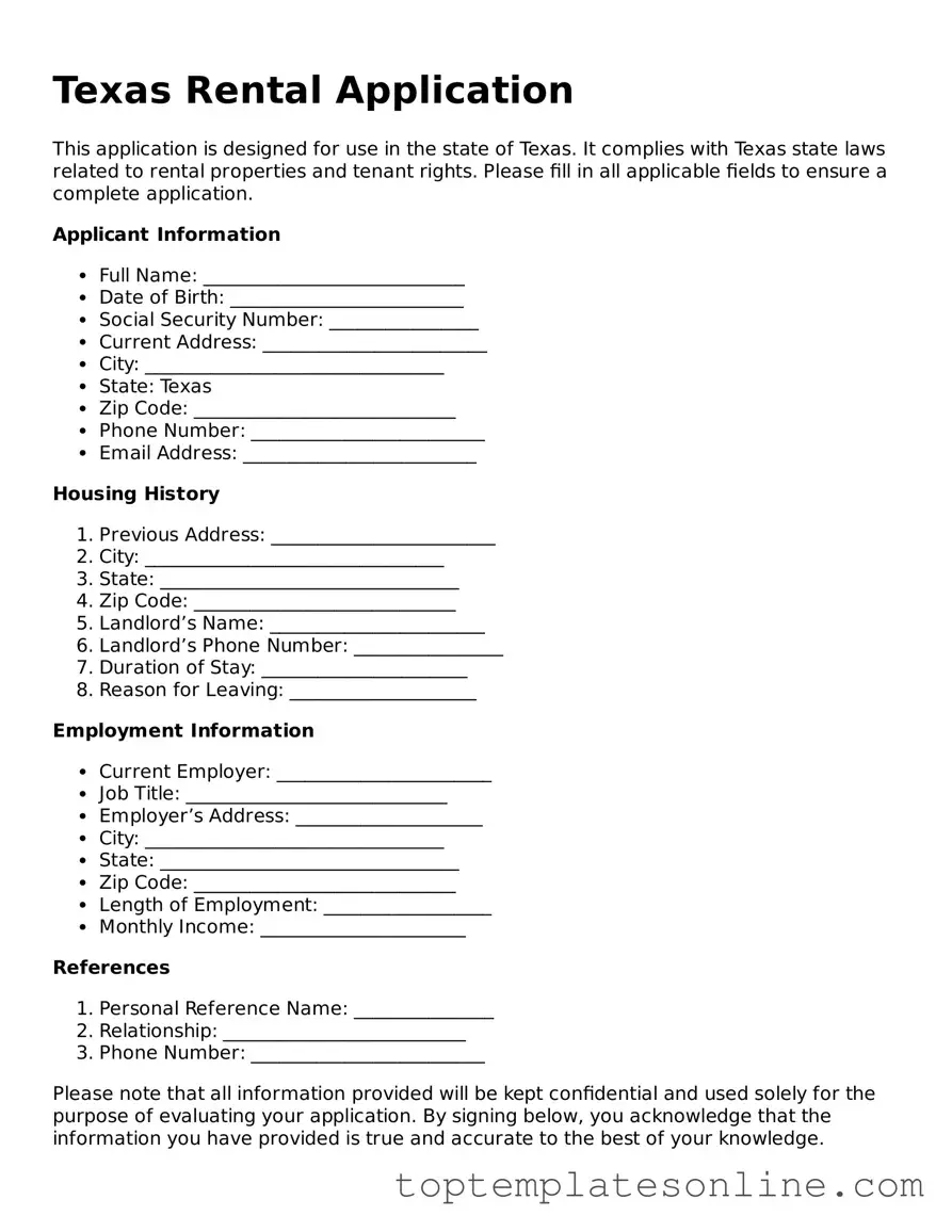 Blank Rental Application Template for Texas State