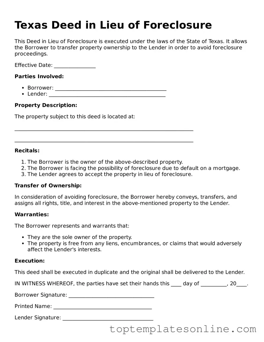 Blank Deed in Lieu of Foreclosure Template for Texas State