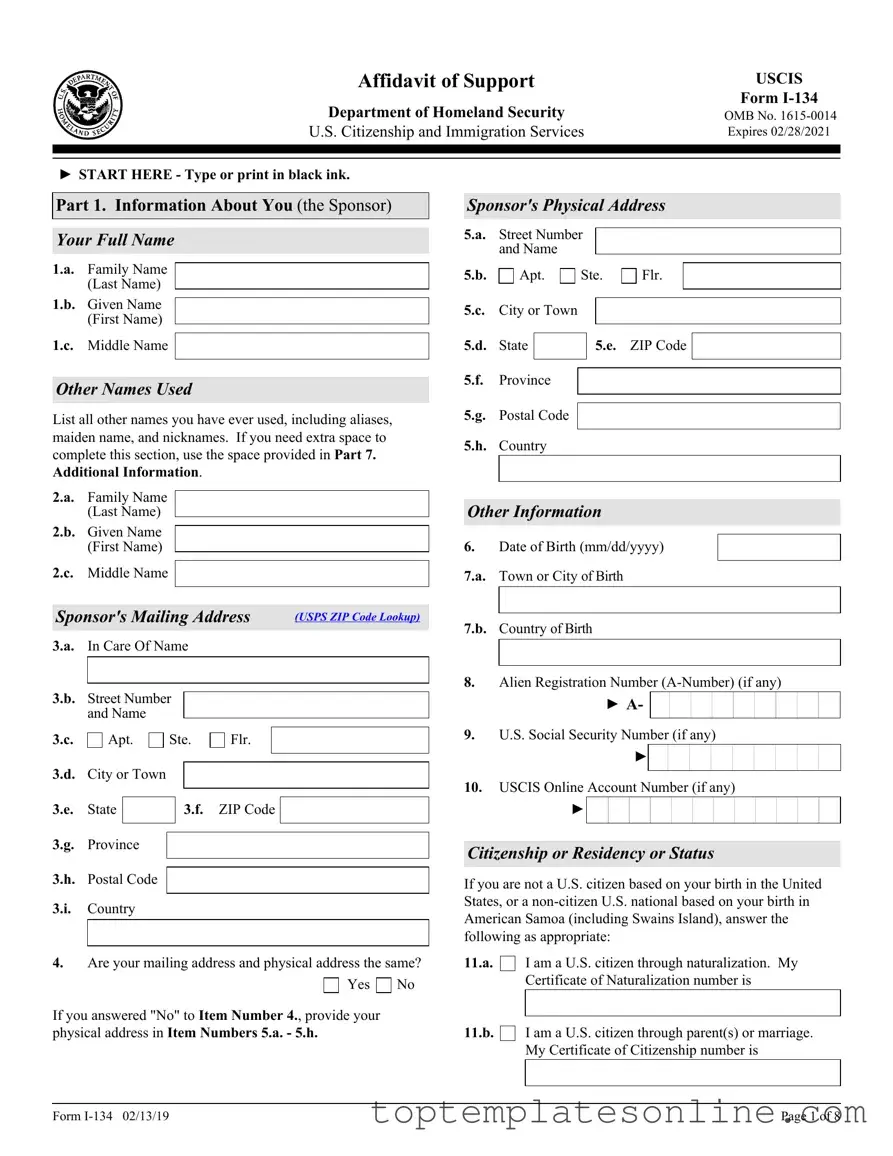 Fillable USCIS I-134 Form