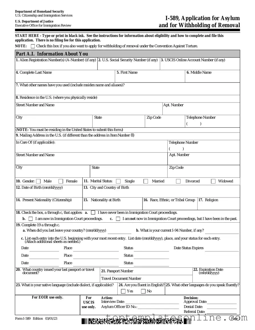 Fillable USCIS I-589 Form