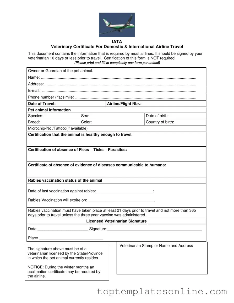 Fillable Veterinary Certificate Travel Form